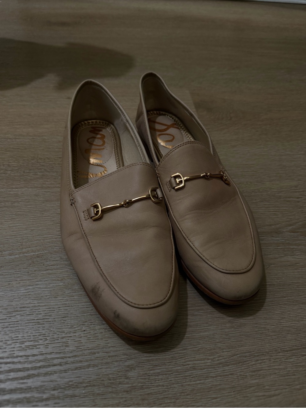 Sam Edelman Classic Taupe Leather Loafers with Gold Bit